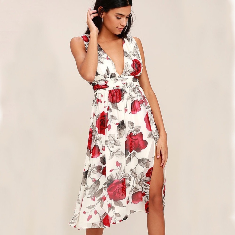LULUS Queen of Hearts Floral White Red Midi Dress